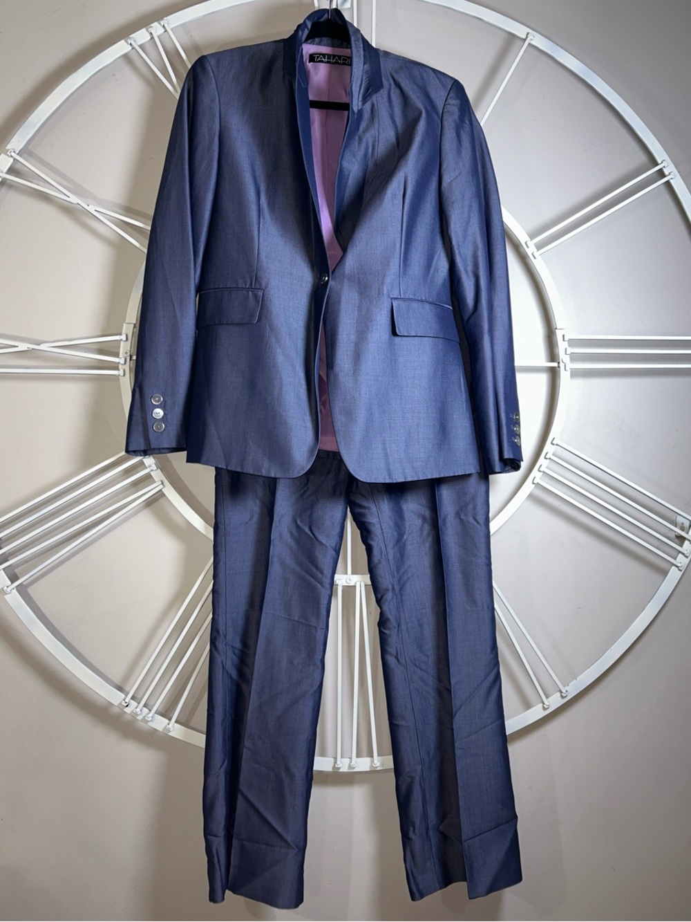 Vintage Talbots 2 Piece Slate Blue Chambray Effect Women's Pantsuit Lilac Lining
